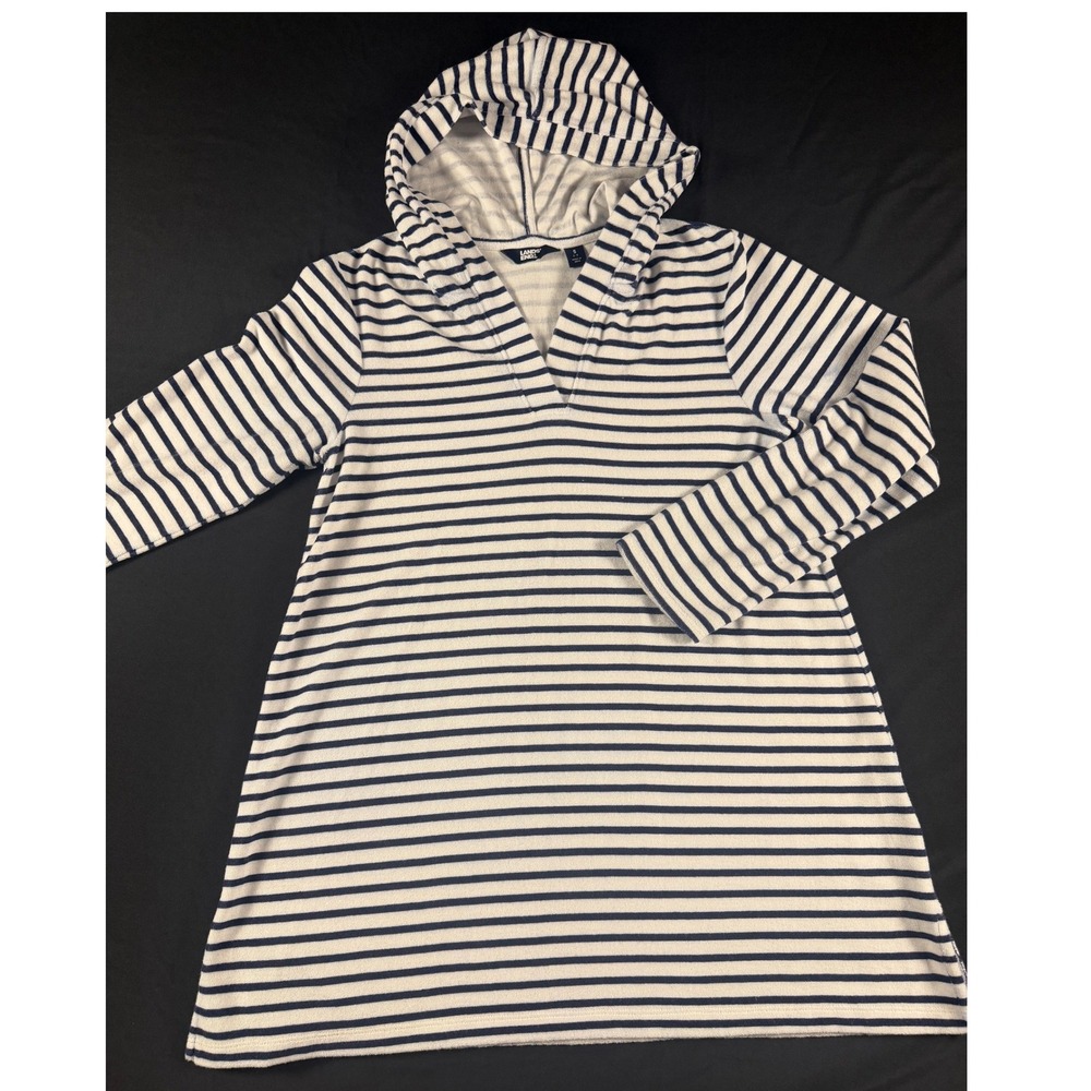 Lands' End Women's S Navy Striped Terry Cloth Hooded Tunic Swim Cover Up Beach